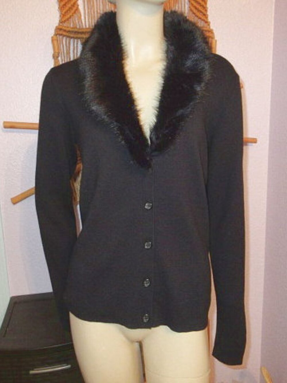 Banana Republic Faux Fur Shawl Collar Cardigan Size M Cashmere Cotton Sweater Bl